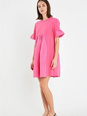English Factory Hot Pink Short Ruffle Sleeve Swing Dress